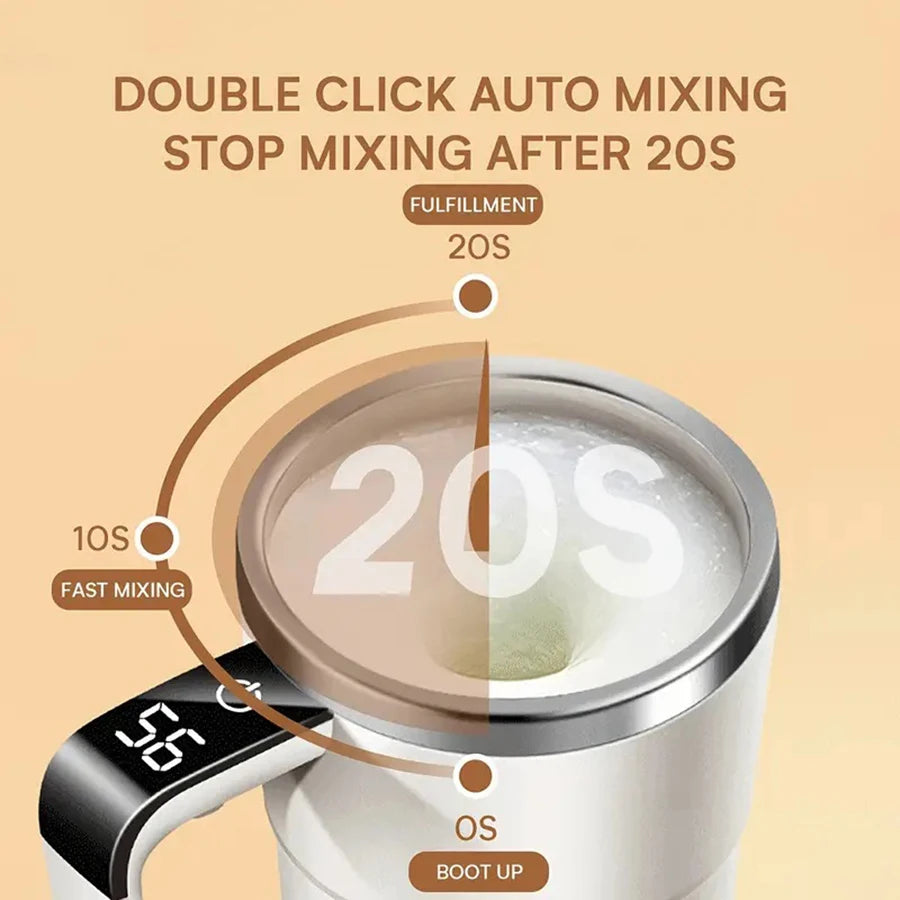 Caneca Automática com Misturador Magnético e Display de Temperatura – Recarregável e Portátil