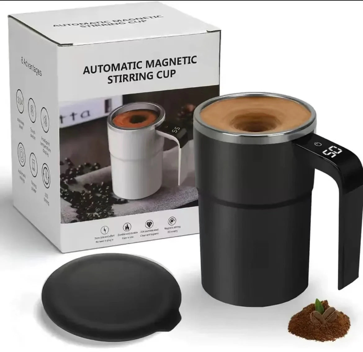 Caneca Automática com Misturador Magnético e Display de Temperatura – Recarregável e Portátil